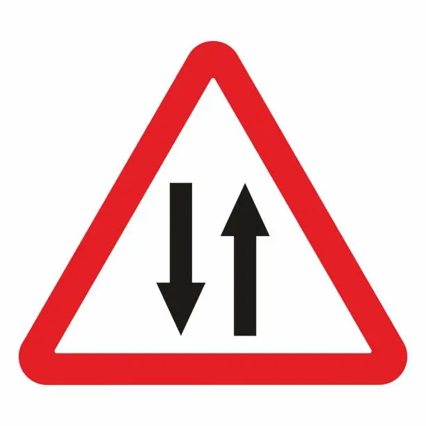 Vector illustration of Both way traffic, road sign A9, red triangular frame, eps.