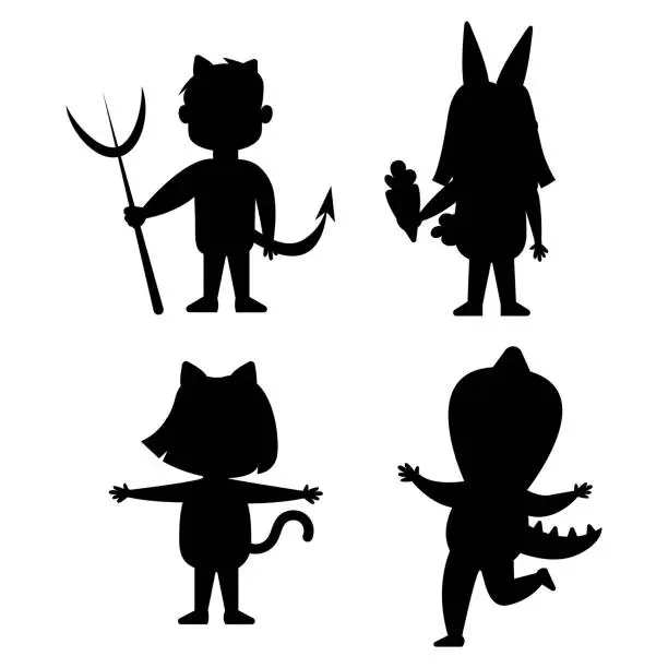 Vector illustration of Children silhouette in dinosaur, hare, tiger, devil costume