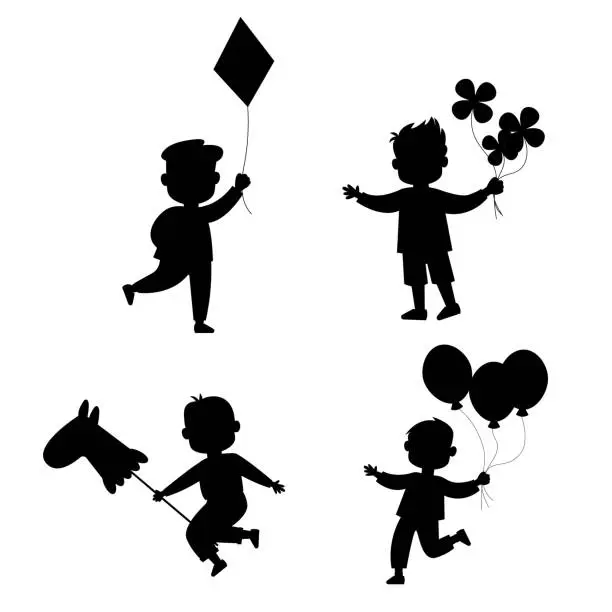 Vector illustration of Boys  silhouette children set with balloons, horse, flowers and kite