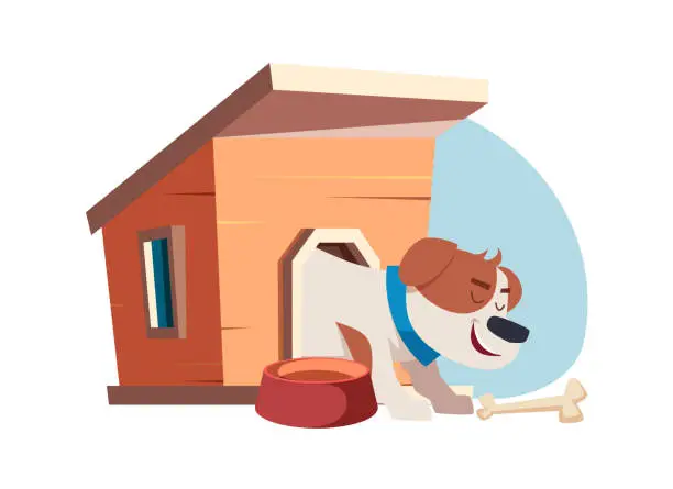 Vector illustration of Doghouse. happy dog eating tasty bones. vector illustration