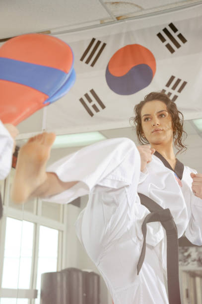 tae kwon do target drills - martial arts women tae kwon do black belt zdjęcia i obrazy z banku zdjęć