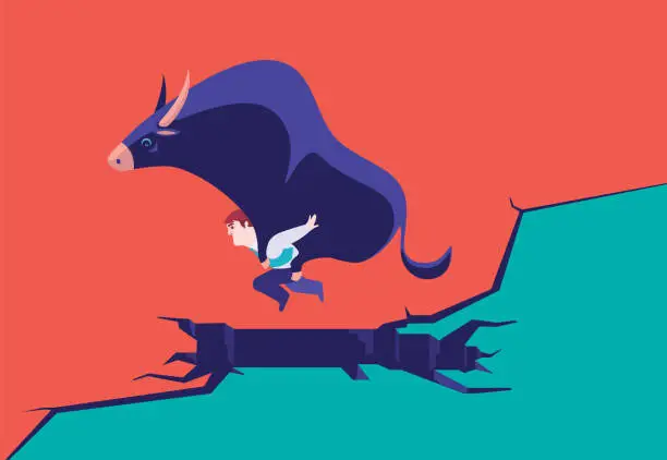 Vector illustration of businessman carrying bull and jumping over cracked ground