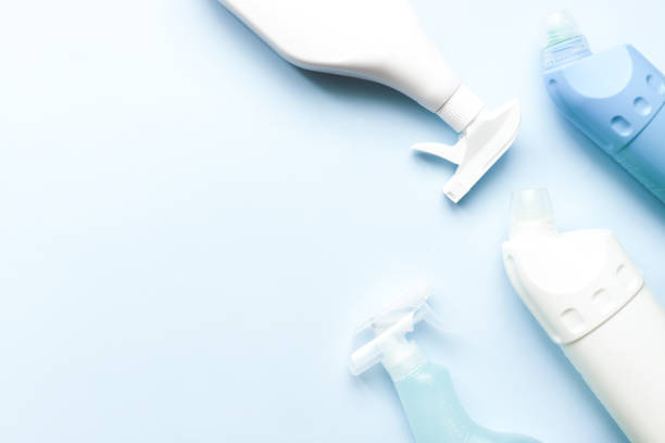 istock Flat lay cleaning bottles. Cleaning mockups. Toilet cleaner 1491204319