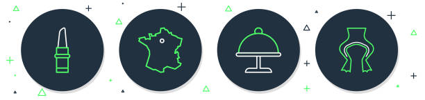 ilustraciones, imágenes clip art, dibujos animados e iconos de stock de mapa de la línea de juego de francia, cubierto con bandeja, lápiz labial e icono de ancas de rana. vector - country geographic area