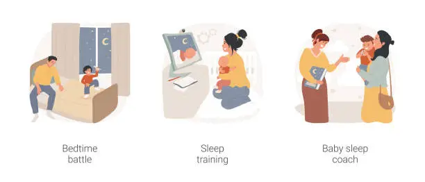 Vector illustration of Sleep training isolated cartoon vector illustration set.