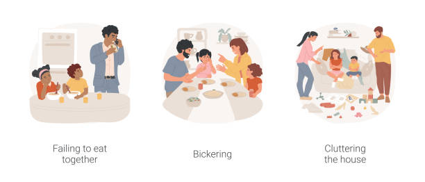 Family problems isolated cartoon vector illustration set. Family problems isolated cartoon vector illustration set. Failing to eat together, busy parents, family bickering, cluttering the house, clothes and toys scattered in living room vector cartoon. urgency mother working father stock illustrations