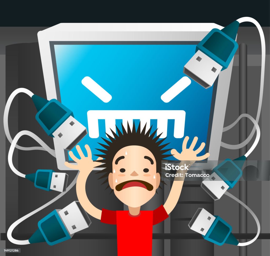 Pc USB cables attacks scared boy A pc USB cables trying to plug in on a scared boy, shouting in panic, with open arms, cartoon style. Vector illustration.  Aggression stock vector