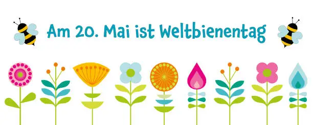 Vector illustration of Am 20. Mai ist Weltbienentag - Text in German language - May 20th is World Bee Day. A day for species protection of bees. Banner with bees and colorful abstract flowers.
