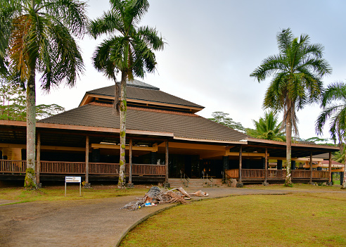 Palikir, Sokehs municipality, Pohnpei, Federated States of Micronesia: parliament building, the congress chamber - The Congress of the Federated States of Micronesia is the unicameral parliament of the Federated States of Micronesia. Fourteen MPs are elected to Congress, of which 10 MPs are elected for two-year terms in ten single-member constituencies and 4 MPs are elected for four-year terms in the four states. All Micronesian citizens over the age of 18 are eligible to vote.  There are no political parties in Micronesia, all MPs are independent. FSM has a Compact of Free Association with the US, which has full international defense authority and responsibilities. Ponhpei is part of the Senyavin Islands, Caroline Islands archipelago.