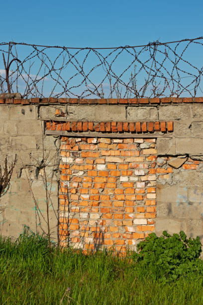 istock Old wall with barbed wire, closed passage, blocked with red brick 1491217386