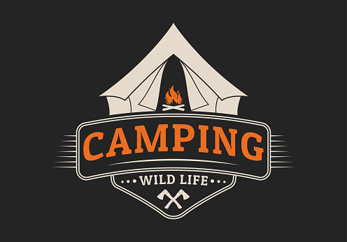 Camp logo with camping tent. Summer travel emblem. Outdoor adventure icon or badge. Vector illustration.