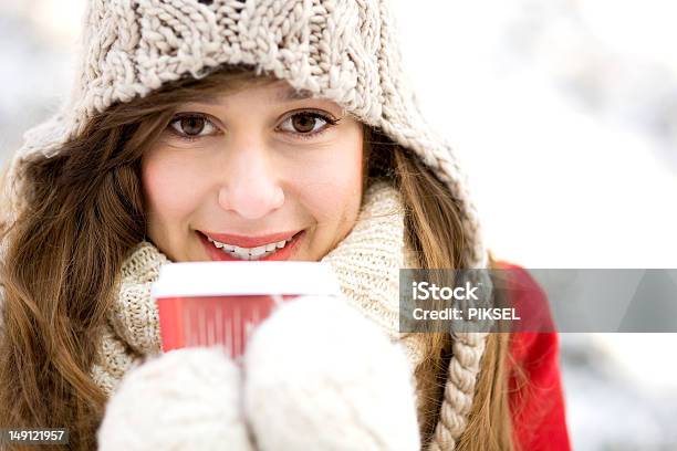 Woman Holding Hot Coffee On Winter Day Stock Photo - Download Image Now - Adult, Beautiful People, Beauty