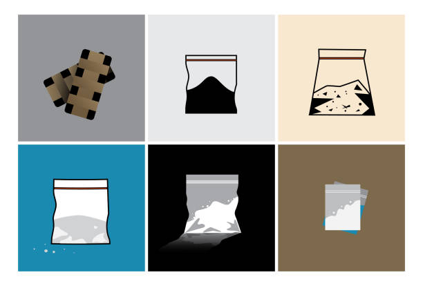 Drug bag, drugs package, heroin powder, cocain pack, smuggling, drugs trafficking, vector illustration Drug bag, drugs package, heroin packets, cocain pack, smuggling, drugs trafficking, sachet with narcotic powder, small dose, vector illustration drug cartel stock illustrations