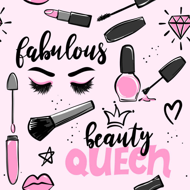 Art & Illustration Cute beauty queen elements - funny doodle, seamless pattern. Lipstick, eyelashes, hearts, fashion elements. Cartoon background, texture for bedsheets, pajamas, wrapping papers. ruler doodle stock illustrations