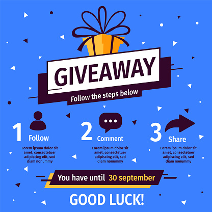 Vector quiz template with illustration of yellow gift box on blue color background with word giveaway. Social media design for web, contest post, banner, poster, flyer