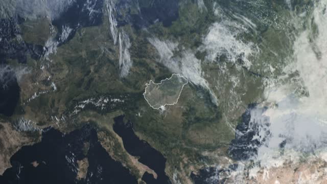 Map of Hungary Highlighted with outline border. Start with space and zoom in to Hungary. Globe Earth- Plane Realistic 3D render