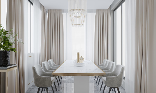 Modern Dining interior with dining table and chairs. 3D illustration