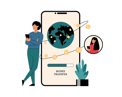 Cartoon women using cell phone banking app. Secure payment technology. Online money transactions for business and everyday needs. Vector illustration on white background