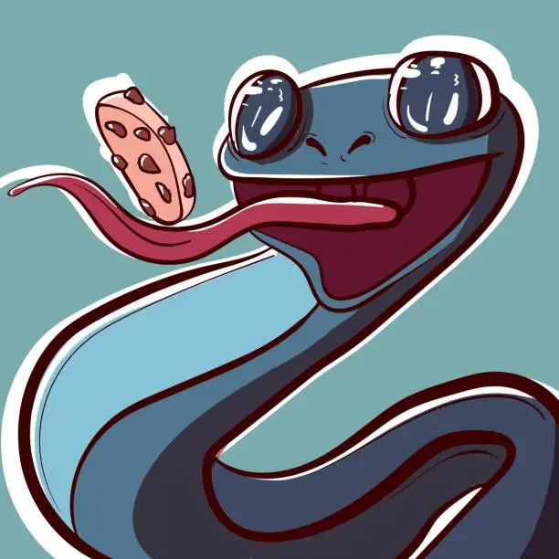 Vector illustration of Digital art of an adorable snake eating a cookie. Happy lizard with a big grin enjoying a biscuit. Vector of a reptile and a cracker.