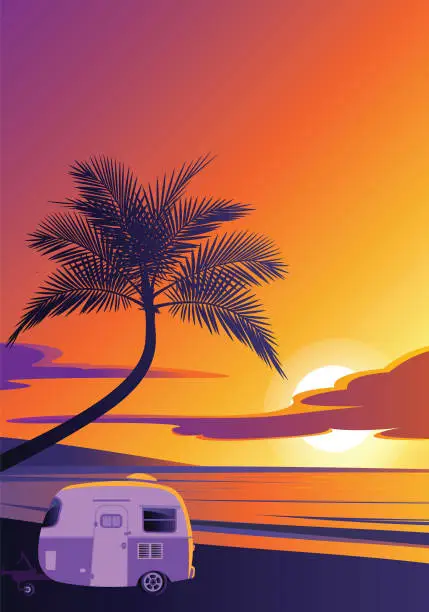 Vector illustration of illustration of sunset tropical beach natural scenery