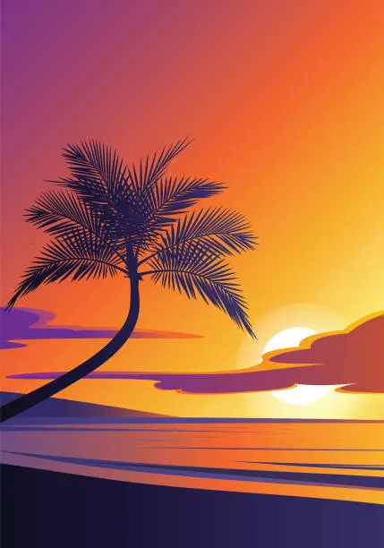 Vector illustration of illustration of sunset tropical beach natural scenery