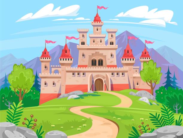 ilustraciones, imágenes clip art, dibujos animados e iconos de stock de castillo de cuento de hadas con un fondo con vistas a la montaña. ilustración de paisajes de fantasía - castle fairy tale palace forest