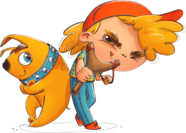 istock Adventure Buddies: The Boy in a red Cap with a Slingshot and His Loyal Dog. Vector Cartoon character illustration. Perfect for children's posters and other creative projects. 1491232740