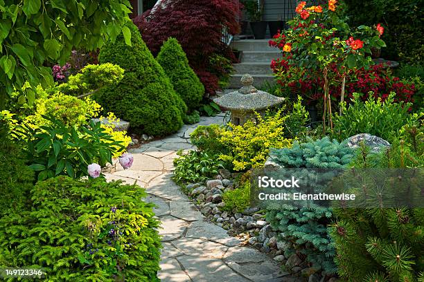 Garden Path With Stone Landscaping Stock Photo - Download Image Now - Formal Garden, Yard - Grounds, Beauty In Nature