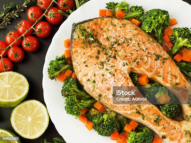 Dinner Stock Photo - Download Image Now - Broccoli, Salmon - Seafood, Baked