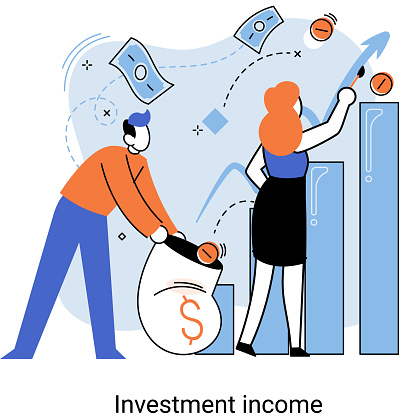 Investment income in form of interest on securities deposits and other transactions, market revaluation of financial instruments, currency revaluation. Successful business people with money bag