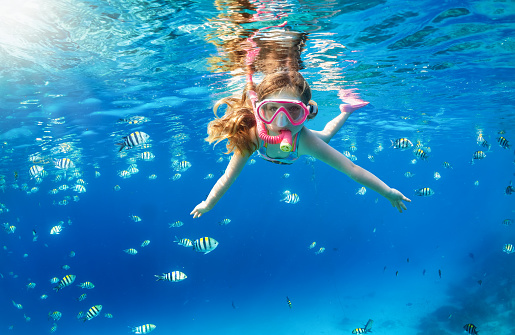 A little girl with mask and snorkel enjoys the underwater life of the tropical ocean with colorful fishes in the Maldives