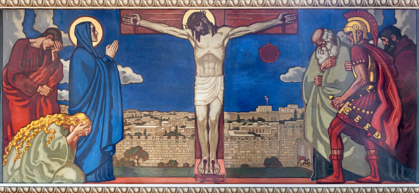 Crucifix by Margaritone d'Arezzo dated 1200s in the Santa Maria delle Pieve, church in the old town of Arezzo