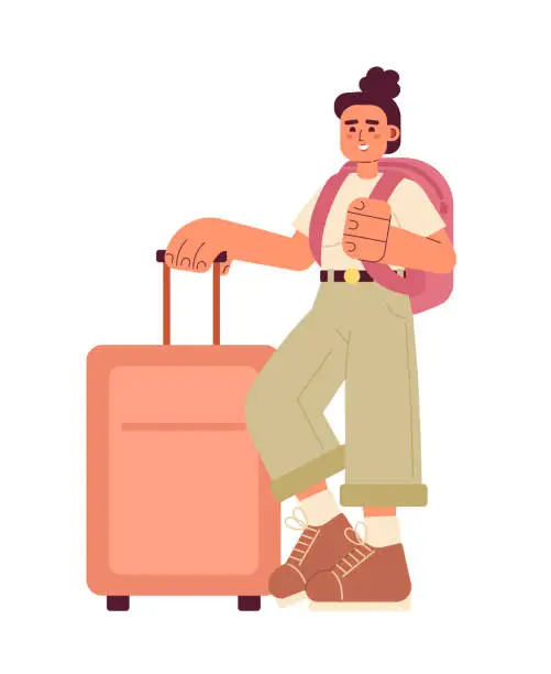 Vector illustration of Female traveller with suitcase and backpack semi flat colorful vector character