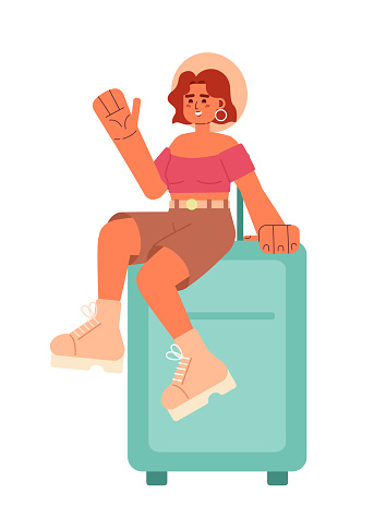 Woman with suitcase going on summer vacation semi flat colorful vector character. Carry on luggage. Editable full body person. Simple cartoon spot illustration for web graphic design and animation