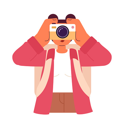 Female tourist capturing vacation memories on camera semi flat colorful vector character. Editable half body person on white. Simple cartoon spot illustration for web graphic design and animation