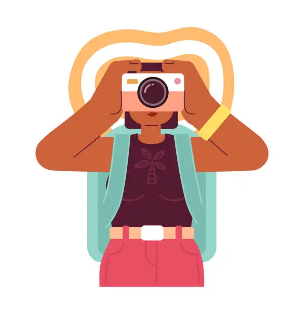 Vector illustration of Female traveler capturing holiday memories on camera semi flat colorful vector character