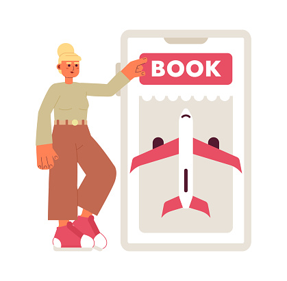 Booking flight over phone flat concept vector spot illustration. Editable 2D cartoon character on white for web UI design. Passenger purchasing ticket creative hero image. Jost Extrabold font used