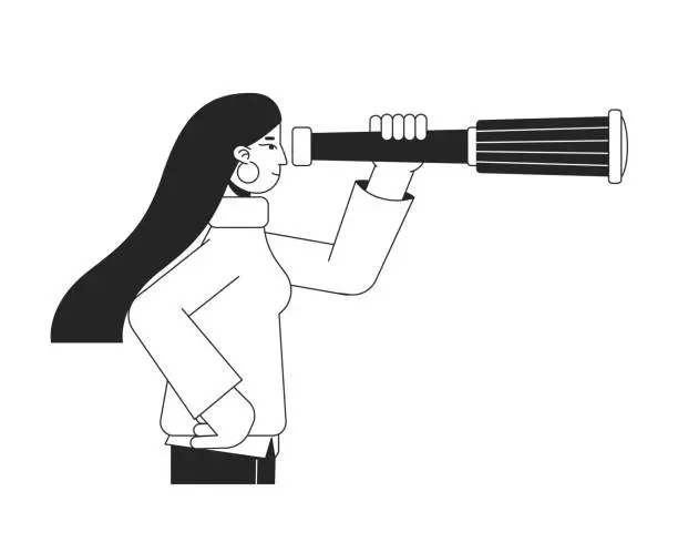 Vector illustration of Woman looking at monocular telescope flat line black white vector character