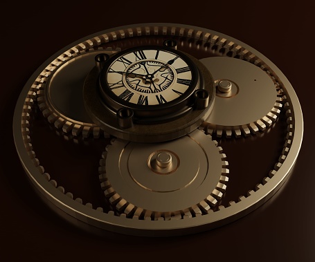 vintage old clock on the top of gears and cogs in the black background 3d rendering
