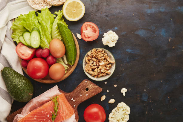 istock Fodmap Mediterranean diet with copy space. Healthy low fodmap ingredients - vegetables, fruits, nuts, greens, avocado. Flat lay. 1491236957