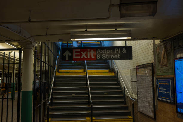New York. USA. 05.19.2023. View of subway exit at Astor Pl and 8th Street in Manhattan.