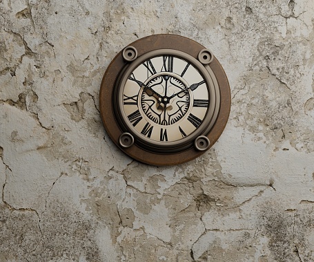 Clock showing 11 o'clock, on a brick wall