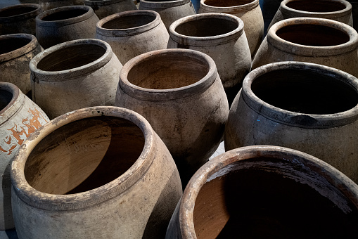 Chinese style porcelain pottery in blue color with selective focus.