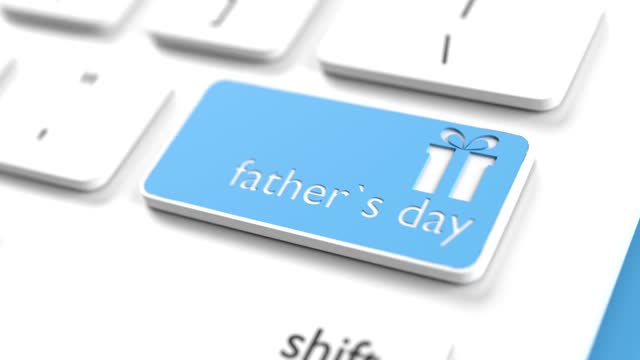 Father's Day Gift Box Icon and Text on a Blue Computer Keyboard Button in 4K Resolution