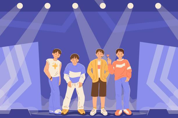South Korean boy band on the stage poses variously. K-pop boys group on the stage poses variously. Flat cartoon illustration. korea singer stock illustrations