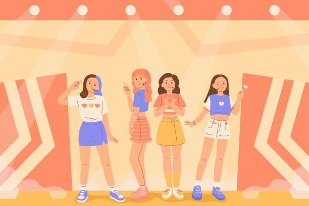 K-pop girl group are standing on fancy stage. K-pop girl group are standing on fancy stage. Musicians dancing and singing on stage korea singer stock illustrations