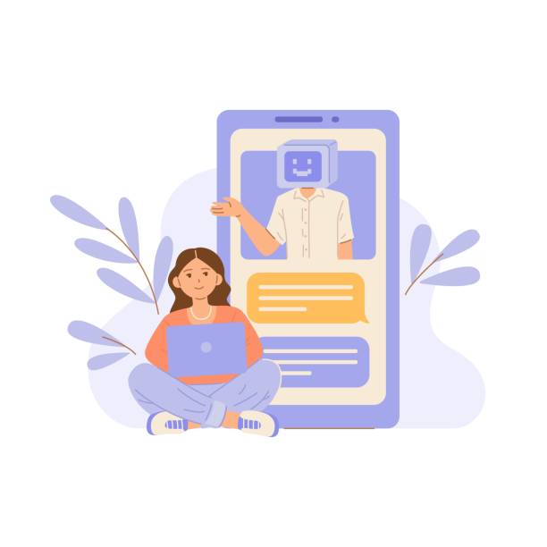 ilustraciones, imágenes clip art, dibujos animados e iconos de stock de bot de chat ai chateando con una chica que está sentada en el suelo con una computadora portátil. - chat gpt
