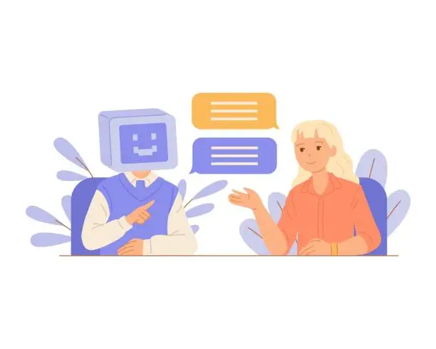 Vector illustration of Girl chatting artificial intelligence at the table. Flat vector on white background.
