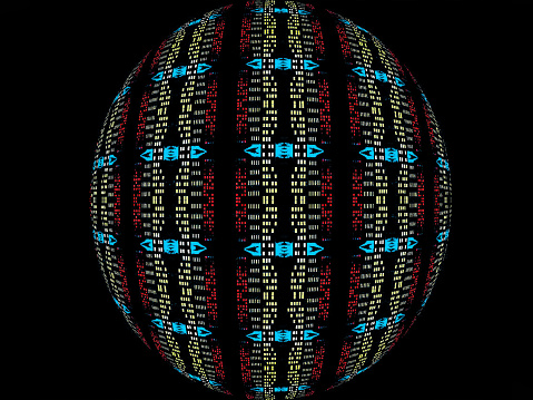 A three dimensional shape sphere is displaying digital codes of hieroglyphs.  The pattern is repeating represents world-side network data.