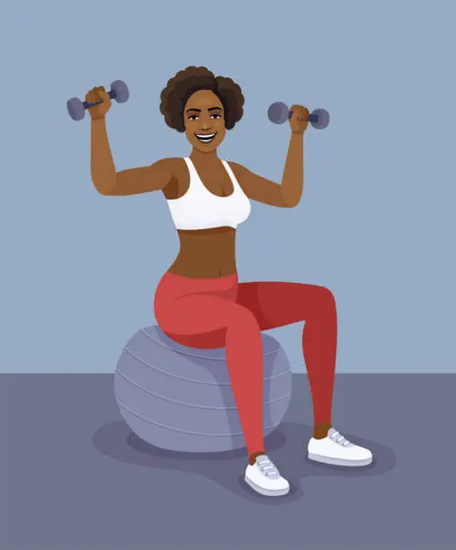 Vector illustration of Fitness African American Woman working out with dumbbells.